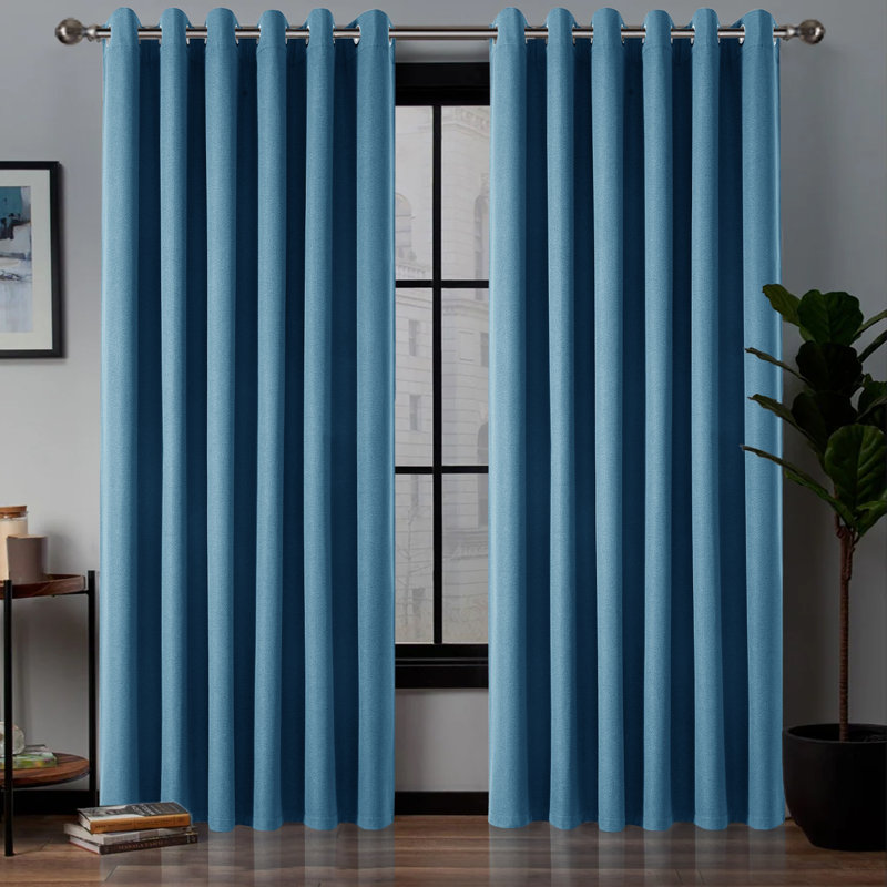 Linen Blackout Eyelet Curtains - Thermal Insulated Room Darkening Window Panels, Blue, Single Panel 168cm Width × 213cm Drop