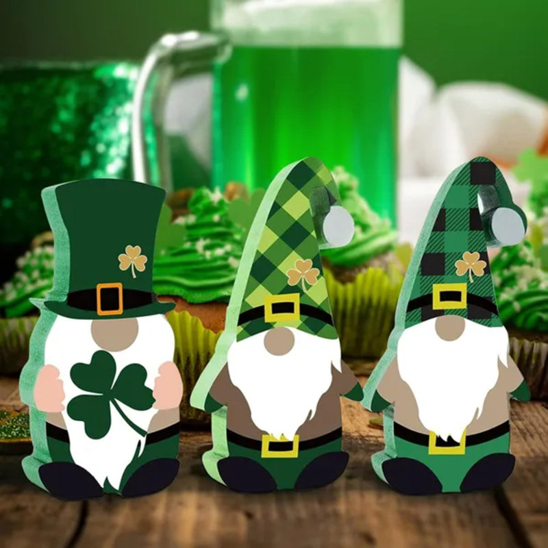 Décoration de table gnome en bois de la Saint-Patrick - pièce maîtresse trèfle 3 pièces pour fêtes irlandaises