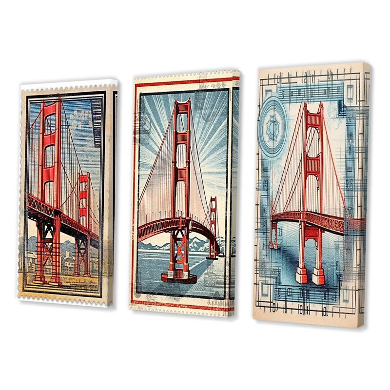 Golden Gate - Illustration rétro de San Francisco - ensemble de 3 pièces, Toile tendue, H 32 po x l 48 po