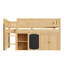 Lit mezzanine double avec armoire de rangement, tablettes et tableau noir, conception compacte en bois massif, naturel-1740222243