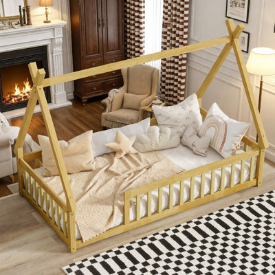 Twin Tent-shaped Floor Bed with Guardrails,Slats