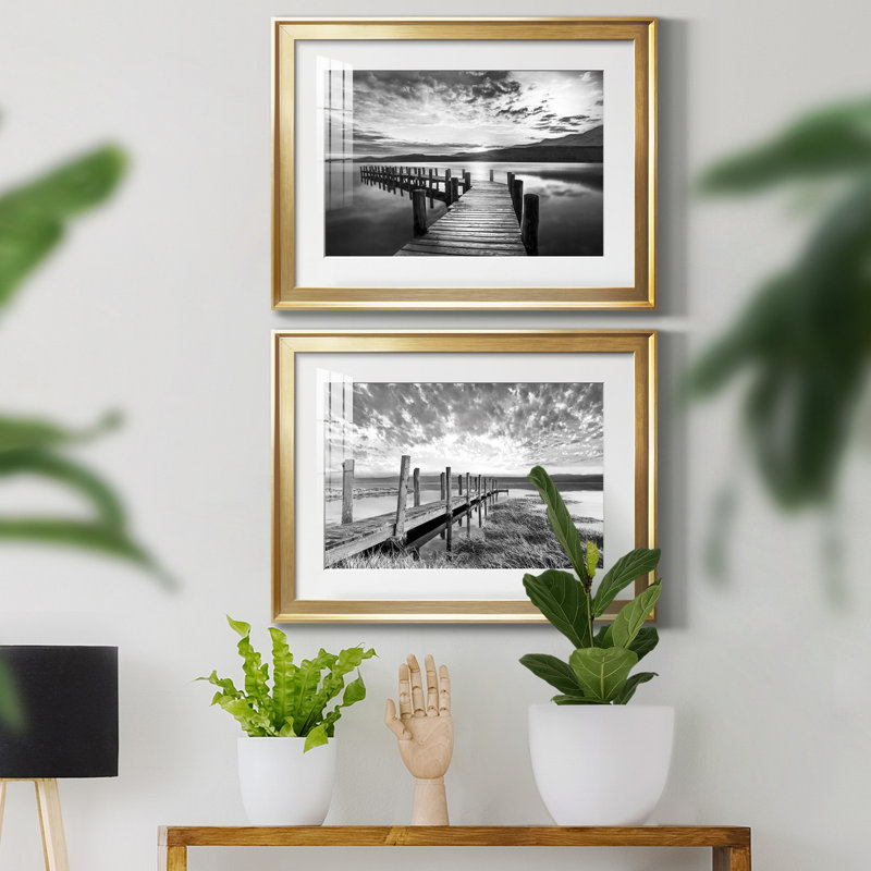 Evening Dock - Ensemble de 2 reproductions d'art sur toile encadrées, H 18,5 po x l 49 po x P 1,5 po, Or, Pas de tapis