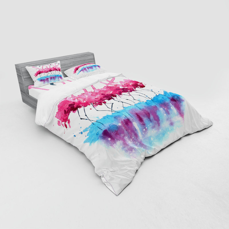 Twin Pink Blue Purple Flamingo and Bird Duvet Cover Set