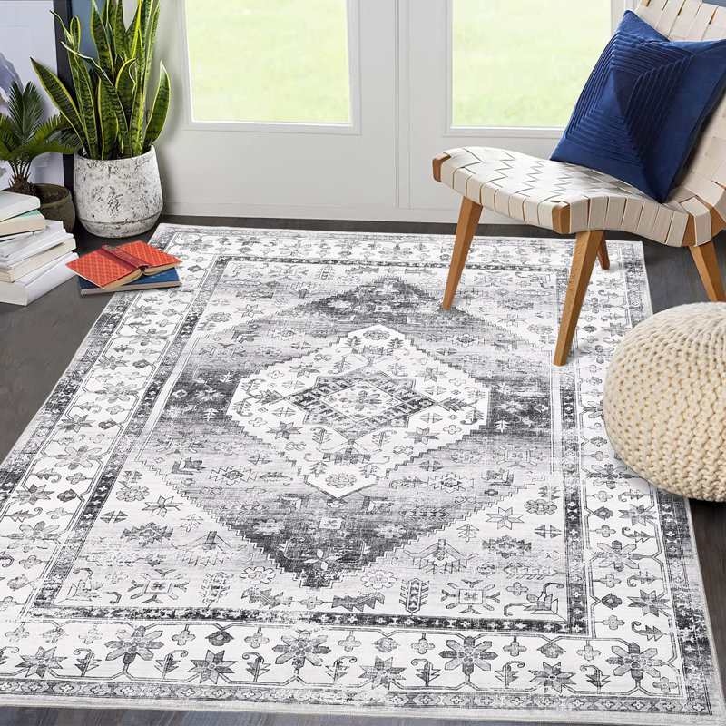 Oriental Machine Washable Area Rug with Rubber Backing for Living Room Non-Slip Indoor Carpet Low-Pile Rug for Bedroom Dining Room Hallway Kitchen Office Playroom Nursery