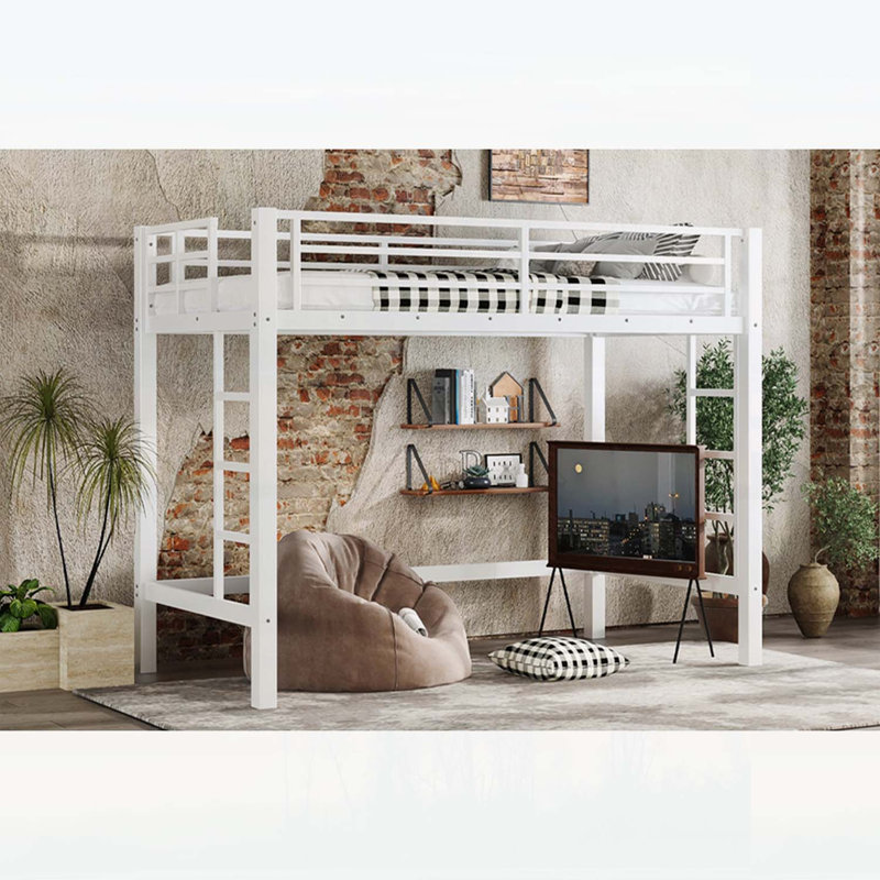 Lit mezzanine simple en métal de taille XL avec échelles et garde-corps faciles à monter, blanc, peu encombrant et élégant