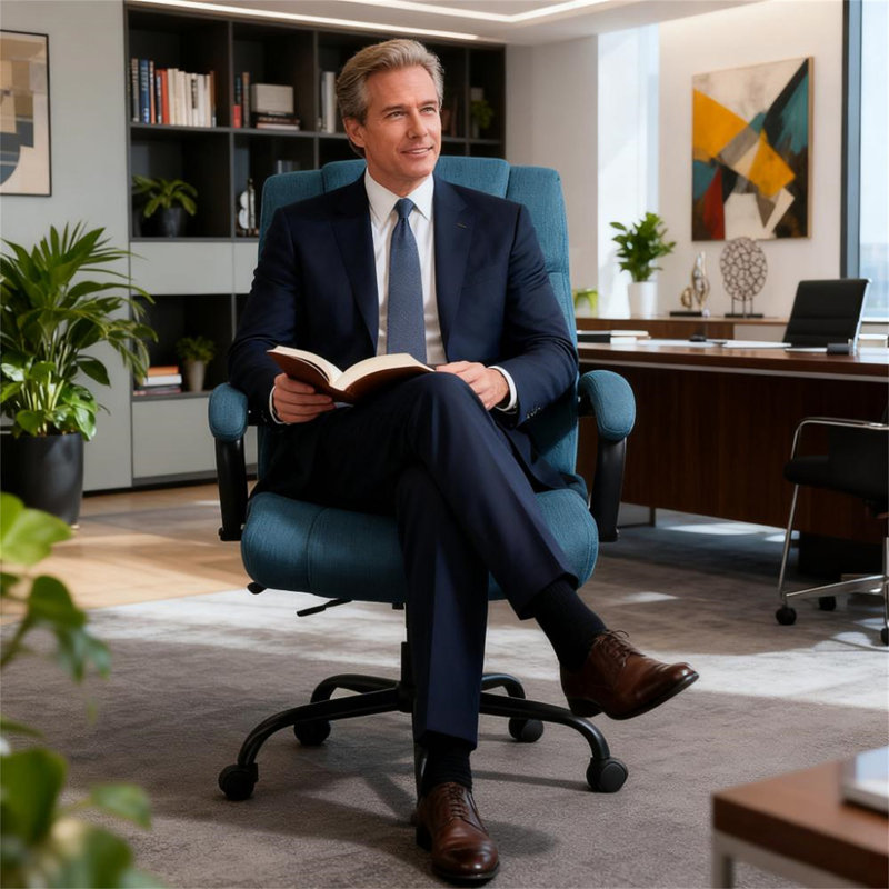 Fauteuil de direction confortable en tissu bleu avec accoudoirs rembourrés