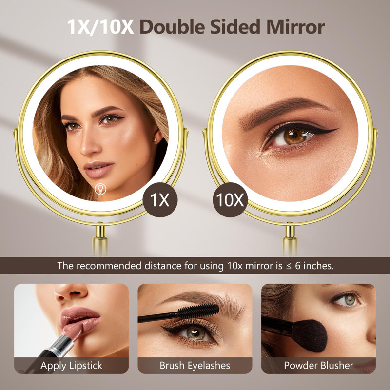 Lighted Makeup Mirror, Rechargeable Height Adjustable Double Sided, 1X/10X Magnifying With 3 Color, 360° Rotation Vanity