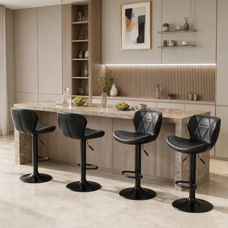 Ensemble de 4 tabourets de bar, tabourets de bar pivotants réglables en cuir de polyuréthane, tabourets de comptoir avec dossier et repose-pieds, tabourets de bar à hauteur de comptoir pour bar, cuisine, salle à manger, centre de divertissement, noir