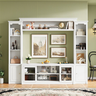 Meuble télé moderne avec bibliothèque pour téléviseur de 65 po ou moins, centre de divertissement avec 4 tablettes réglables, portes en verre trempé, meuble de rangement pour présentoir, grand meuble télé avec espace de rangement