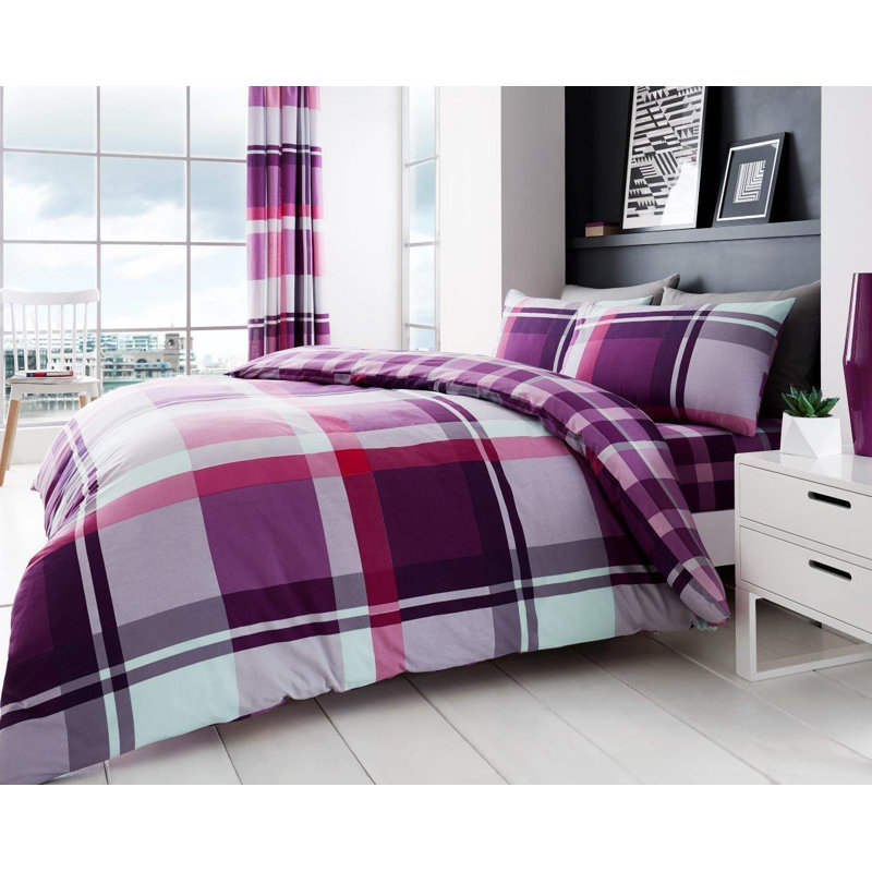 Check Pattern Polycotton Duvet Cover Set with Matching Pillowcases - Machine Washable Bedding Set, Purple, Double