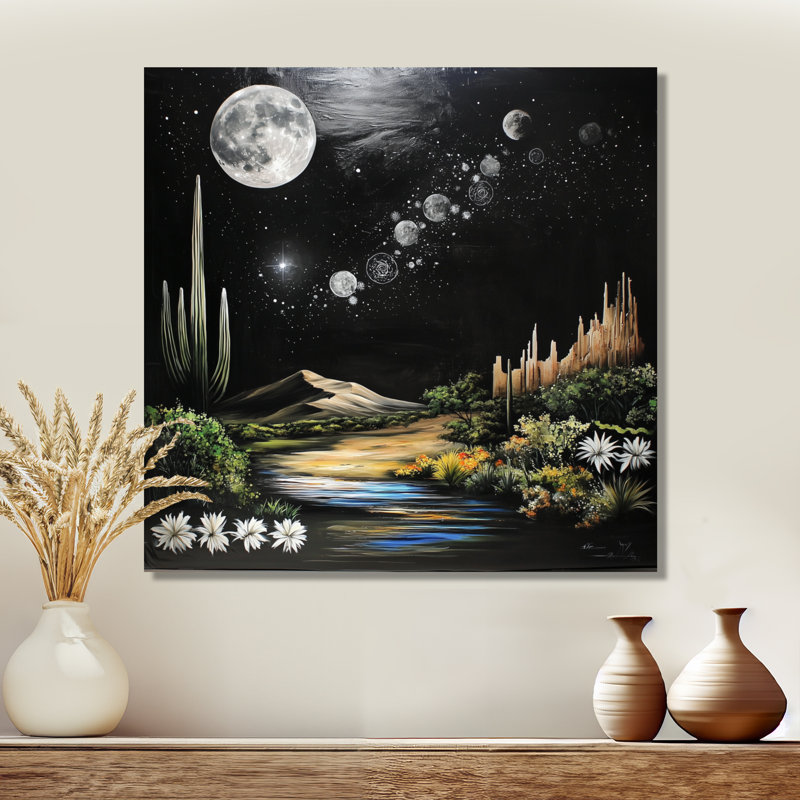 Glam Desert Moon avec cactus II - décor mural en métal, impression désertique, H 23 po x l 23 po