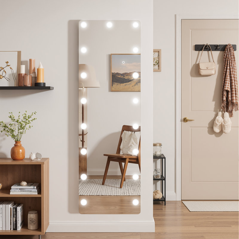 Hollywood Style Full Length LED Mirror – Tempered Glass, Exposed Bulb Front Light, 3 Color Modes, Includes Stand, 56"  x 18" 