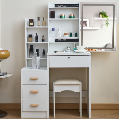 Modern-style white vanity set includes LED-lit mirror, bedroom makeup table with storage and cushioned stool; suitable for teens and adults home dressing rooms/bedrooms
