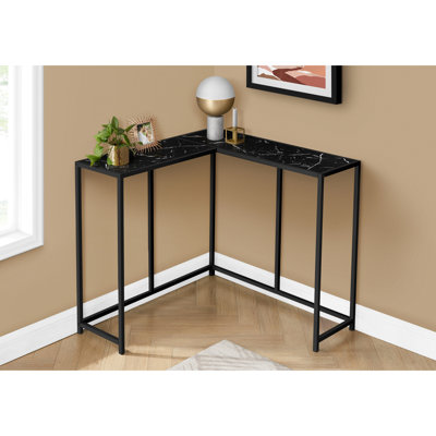Table d'appoint contemporaine pour chambre à coucher - plateau en stratifié d'aspect marbre noir et structure en métal, base de console moderne à angle étroit, style
