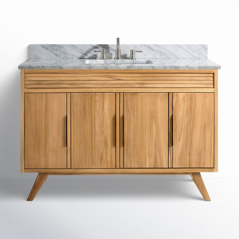 Ensemble de meuble-lavabo 49 po en teck brun avec plateau en marbre blanc de Carrare Hoult, Teck naturel