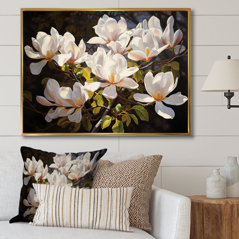 Blanc, jaune, magnolia et magnolia - art mural Magnolias, H 34 po x l 44 po x P 1,5 po, Cadre flottant doré