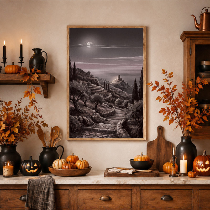 Tableau sur toile d'Halloween représentant une tour côtière au clair de lune et des cyprès, 48"H x 32"W