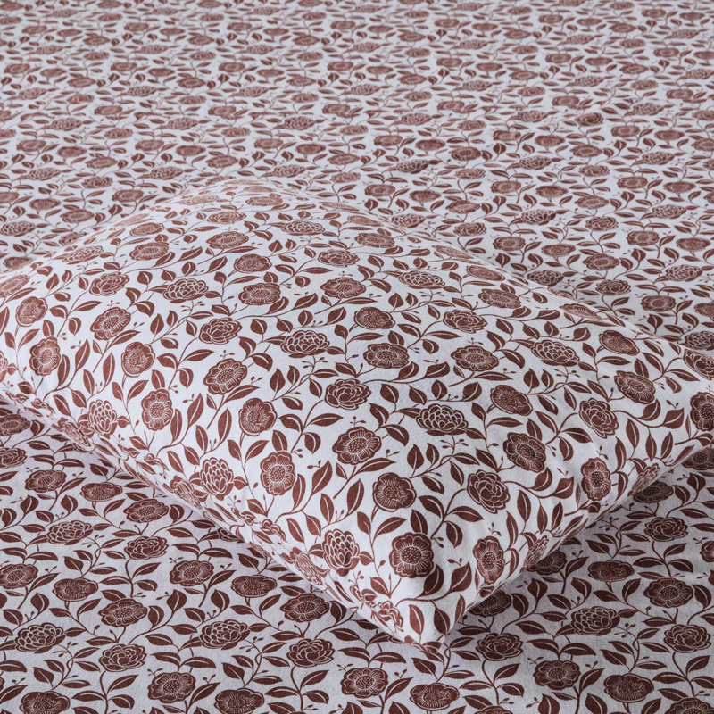 Très grand motif floral rouille, 100% flanelle de coton, grande taille pour matelas de 18 po, douceur du coton brossé, coupe ajustée élastique, confort à long terme pré-rétréci, drap plat et 2