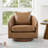 Genuine Leather Swivel Accent Chair with Solid Wood Base-122425417