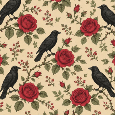 Papier peint adhésif repositionnable à motif floral vintage complexe rouge, corbeaux et roses, style gothique beige. Décoration murale amovible et autocollante pour chambre, cuisine et placards. 61 cm x 300 cm.