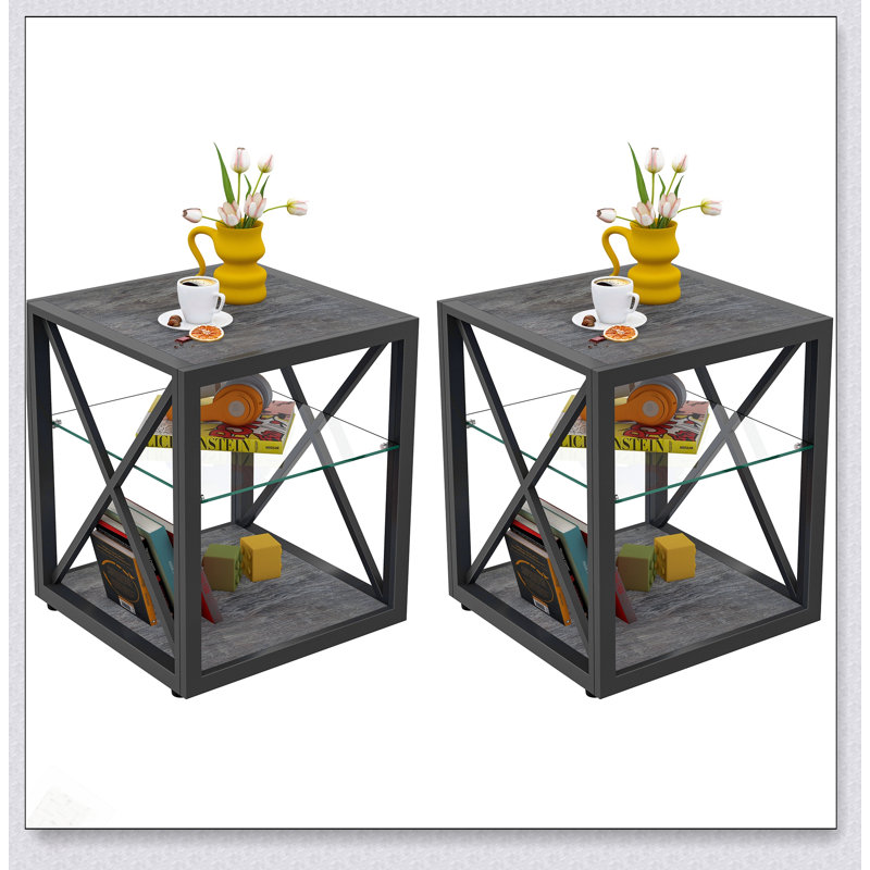 Ensemble de 2 tables de bout modernes en verre trempé et panneau de fibres à densité moyenne rustique, style industriel pour chambre à coucher et salon