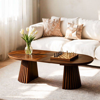 Table basse extensible en noyer de style moderne du milieu du siècle, table centrale ronde à ovale en MDF avec pied cannelé, 3 longueurs réglables, table basse gain de place pour le salon