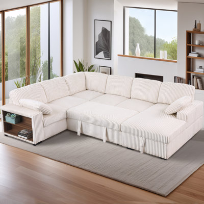U-shaped Corduroy Sectional Sofa Bed Pull Out Sleeper with Large Storage Chaise and Armrest Storage by Mercer41