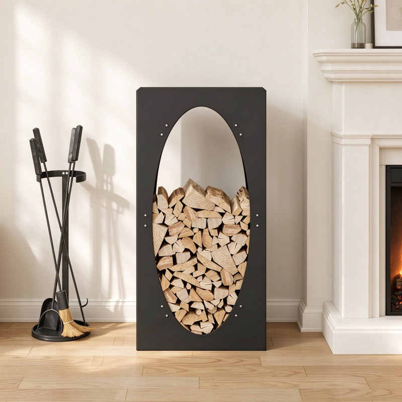 Black 100cm Tall Decorative Firewood Log Rack, Steel Log Holder Storage Stand for Fireplace, Patio and Deck