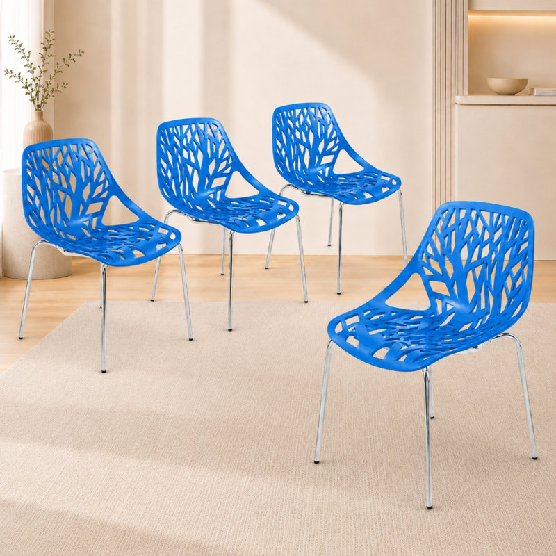 Hadda Dining Chair, Modern Polypropylene Kitchen Chair with Tree-Inspired Cutout Back, Stainless Steel Legs, Chrome Finish, Stackable Dining Room Side Chair