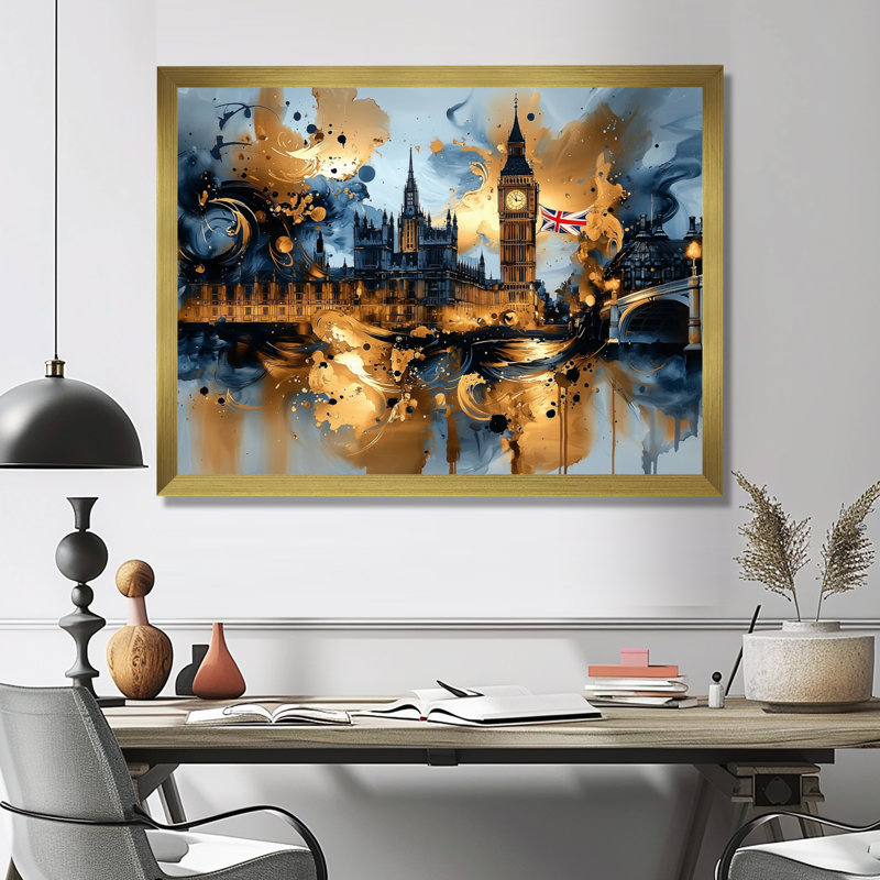 London Big Ben Glow On Gold IV - art mural de Londres, H 16 po x l 32 po, Reproduction encadrée d'une seule photo, Doré