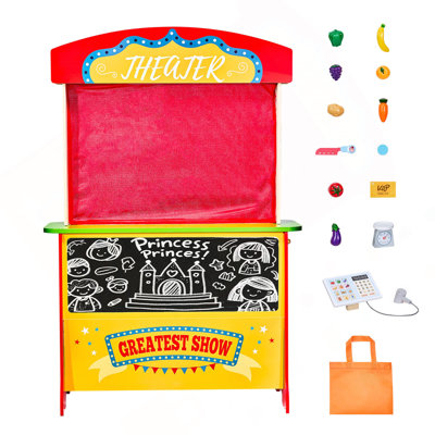 Wooden Puppet Theater 2-In-1 Reversible Play Store Kids Play Market Stand
