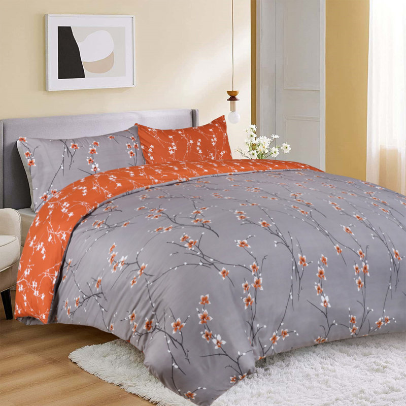 Haffa Microfiber Duvet Cover Set with Pillowcases Included, King Duvet Cover + 2 Standard Pillowcases, Rust Flower