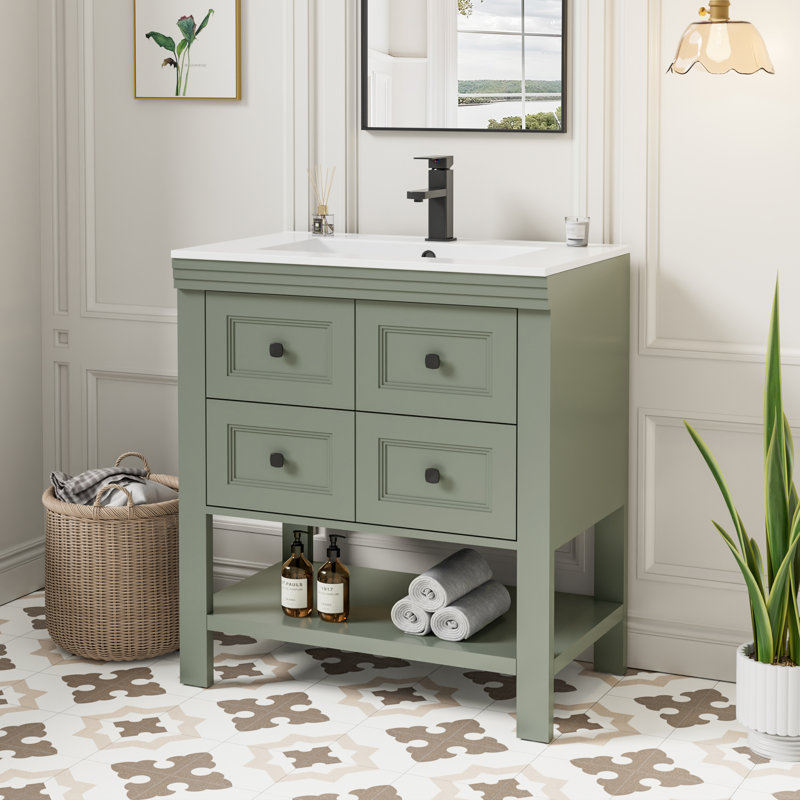 Daum Sharee 30" Freestanding Single Bathroom Vanity Set with Sink Top, Faucet, Painted Surface, 2 Deep Drawers, Green