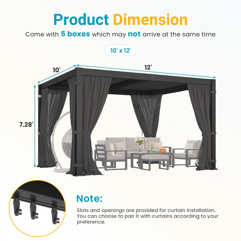 10' x 12' Louvered Pergola with Curtains & Netting, Outdoor Pergola with Adjustable Metal Louvers & Hidden Drainage, Weather Resistant Patio Pergola for Backyard, Poolside, Dark Gray