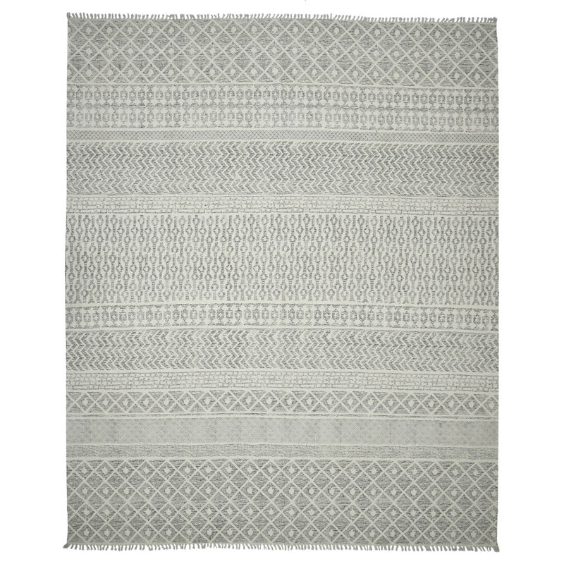 Tapis gris géométrique tissé à plat à la main 5 pi x 7 pi avec franges