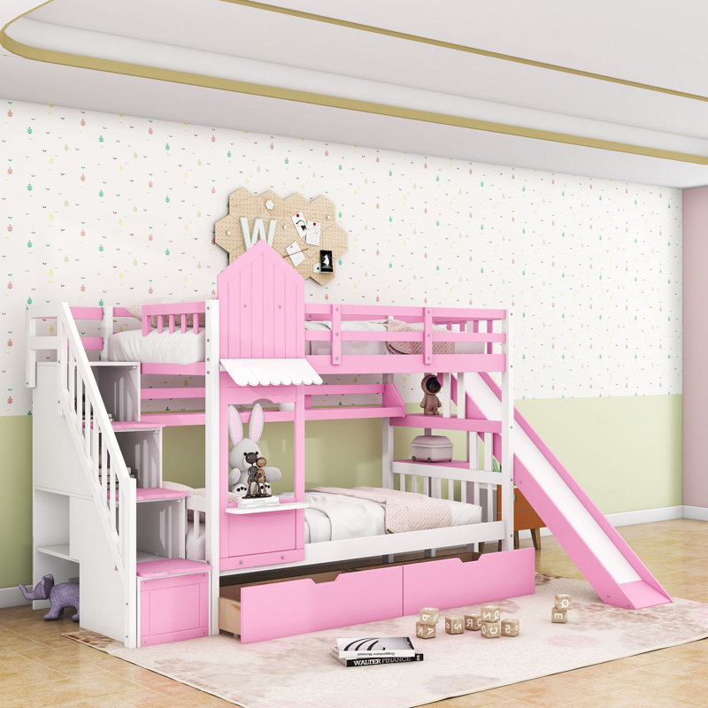 2 Drawers Bunk Bed with Storage Stairs, Slide and Shelves, Pink, Twin over Twin