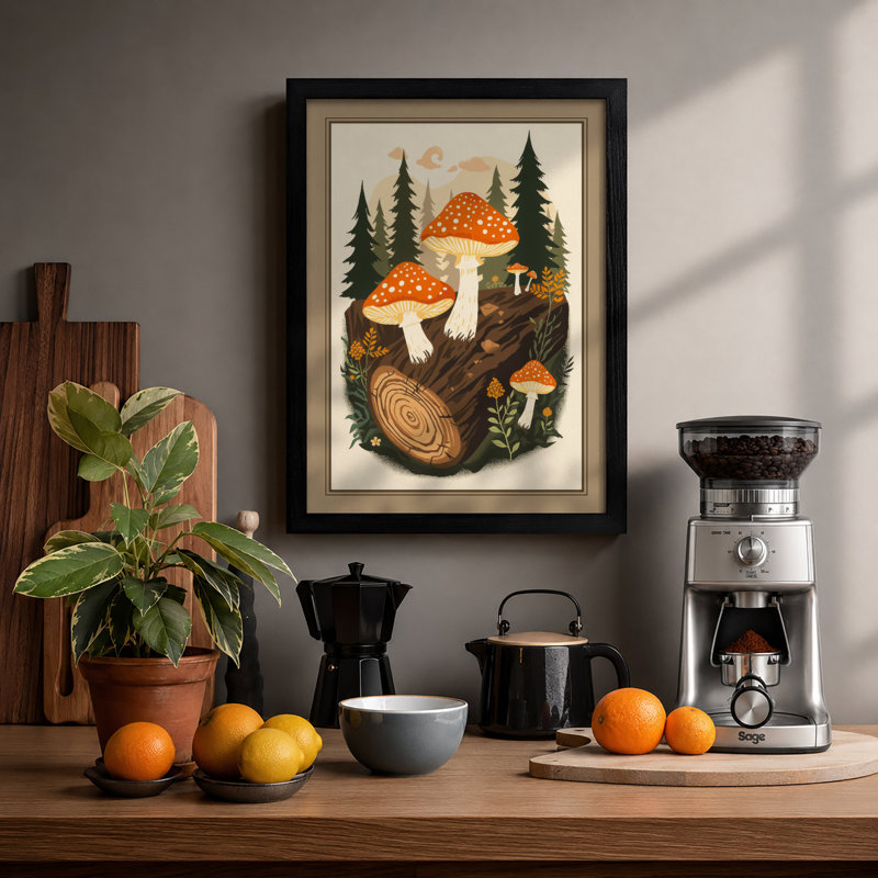 Woodland Mushrooms Botanical - Framed Print, A2 - 59.4 x 42.0 cm, Black