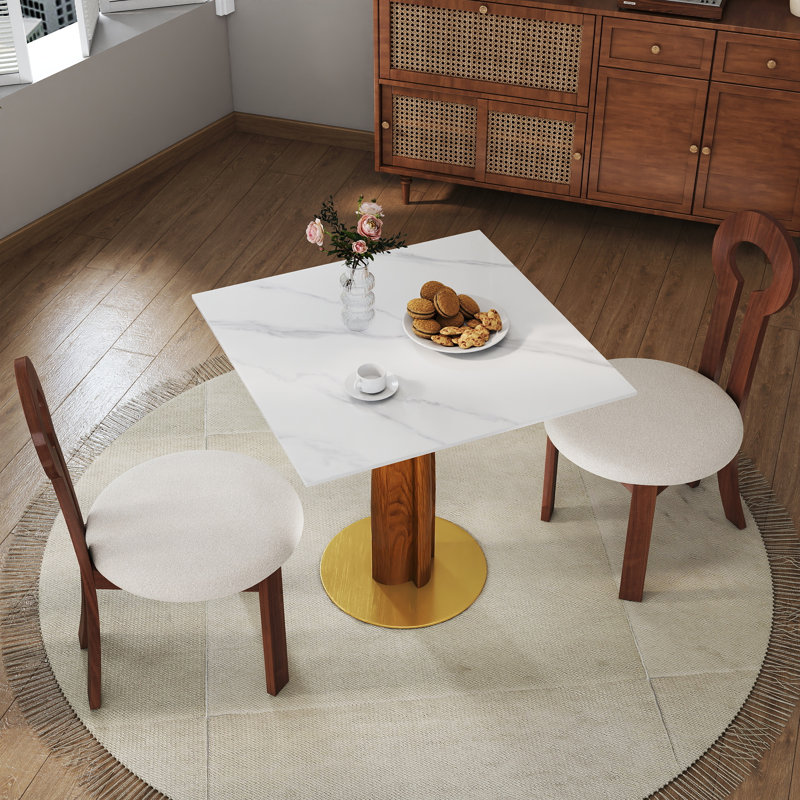 Table de salle à manger moderne carrée, table en pierre frittée de 33,5 po avec pieds en bois et base dorée, table de cuisine pour 2 personnes pour un petit espace, capacité de poids de 150 lb (seulement la table de Négociation)