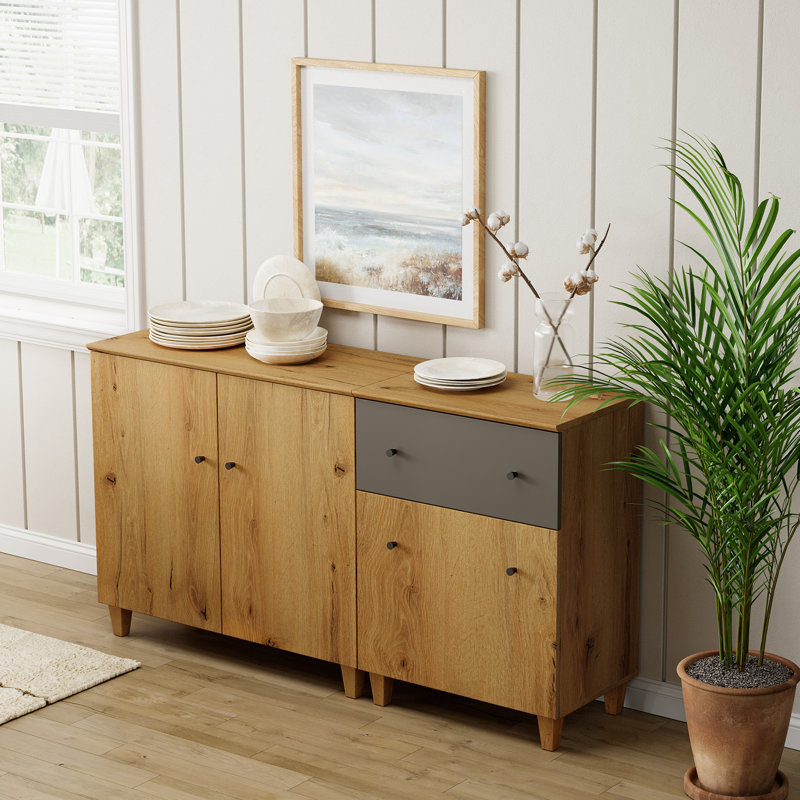 2-In-1 Sideboard Buffet Cabinets With Doors And Drawer, 59", Oak Brown/Dark Grey