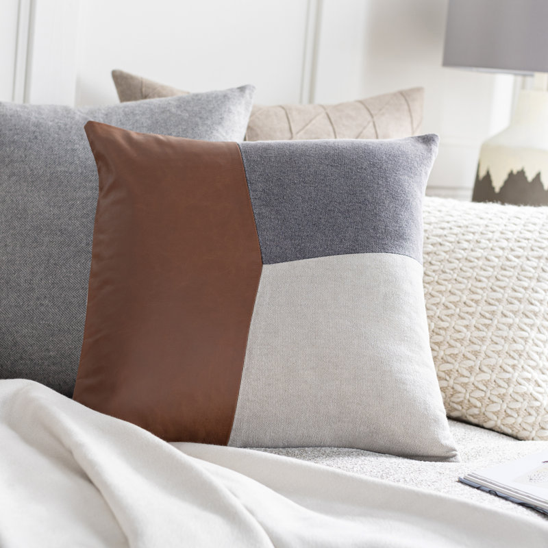 Tawny Patchwork Dark Brown/Taupe/Charcoal Square Throw Cushion, 20" H x 20" W, Down