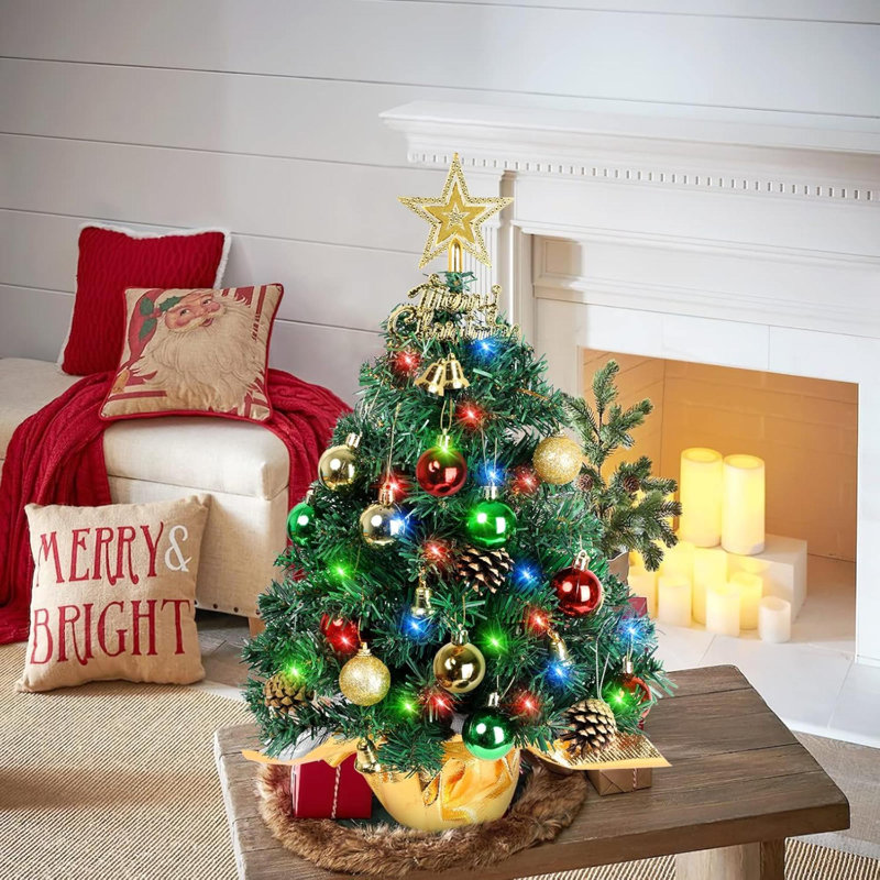 22-Inch Green Plastic Tabletop Christmas Tree with LED Lights and Ornaments