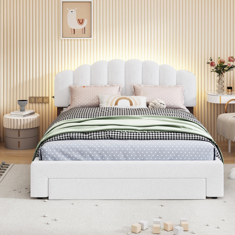 Upholstered Bed Frame With LED Lights, Modern Upholstered Princess Bed With Crown Headboard (Bed), Queen, White