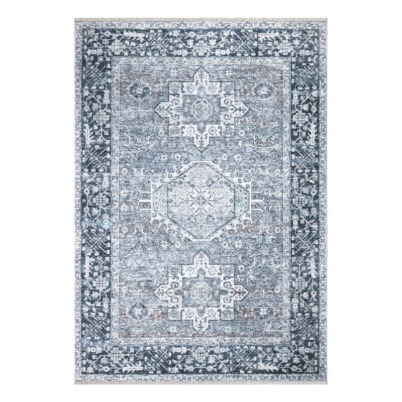 Tapis bleu marine lavable antidérapant traditionnel - Donatas, Rectangle 9 pi x 12 pi