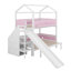 Lit superposé en bois en forme de maison avec glissière et escalier de rangement, lit superposé peu encombrant avec tablettes intégrées et garde-corps-352139162