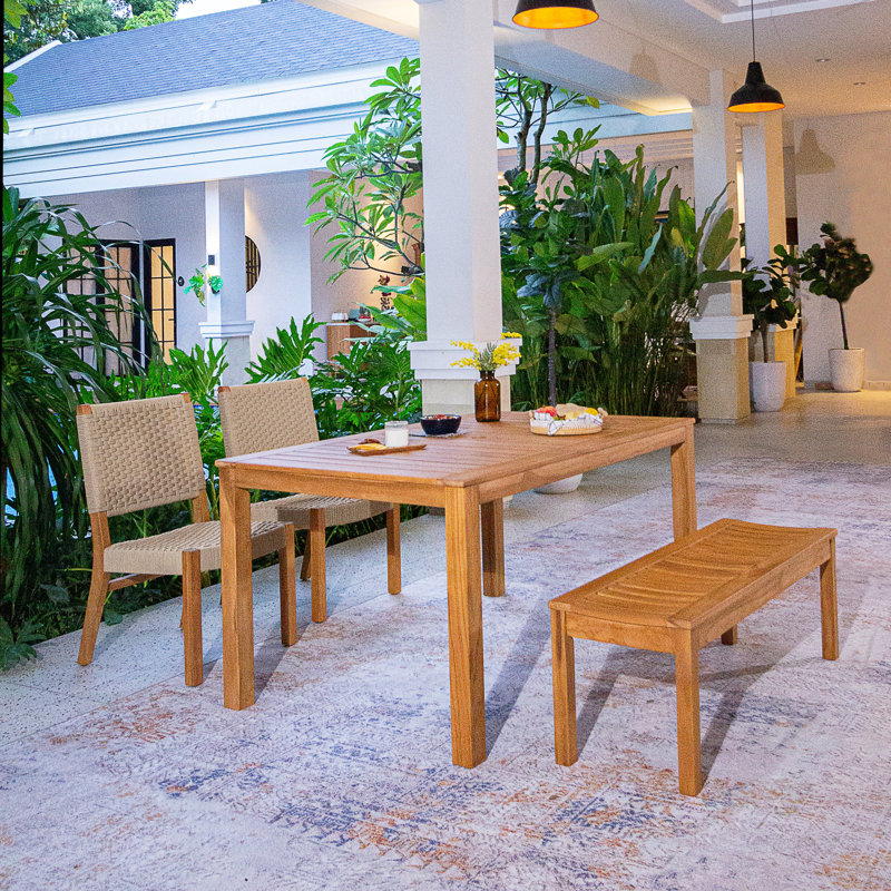 Ensemble repas d'extérieur rectangulaire en teck pour 4 personnes Sunseri, Brun clair Polyrope TC