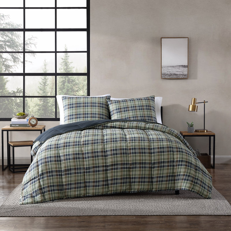 Ensemble d'édredon réversible à motif écossais Wildflower, Édredon pour très grand lit + 2 taies décorativ, Marine