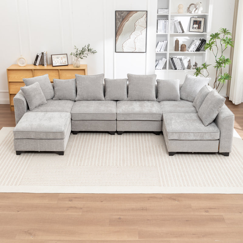 Kempson 6 - Piece Upholstered U-Shaped Sectional Sofa With Ottoman, Gray Polyester