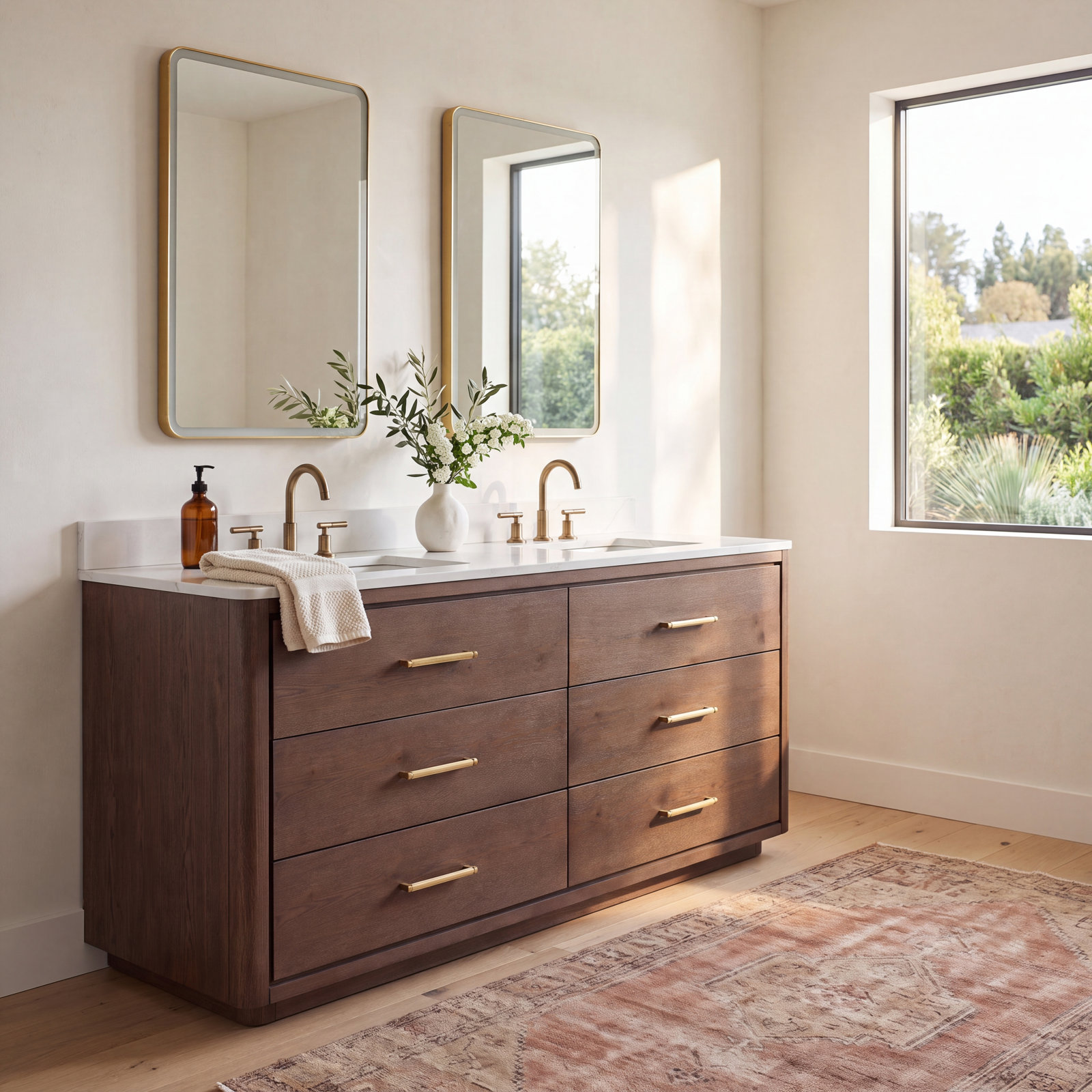 Porto 72'' Double Bathroom Vanity, Dark Brown Oak, Gold