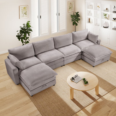 4 Piece Modern Chenille Upholstered Sectional With 2 Storage Ottomans