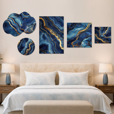 «Blue & Gold Marble Mirage I», ensemble de 5 grandes reproductions d'art mural, en métal et sur toile (100 po x 40 po)